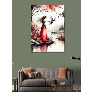 Kanvas Tablo Nehir Kenarındaki Kırmızı Elbiseli Kadın 50x70 cm