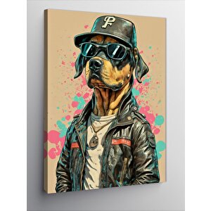 Kanvas Tablo Şapkalı Deri Ceketli Köpek 50x70 cm