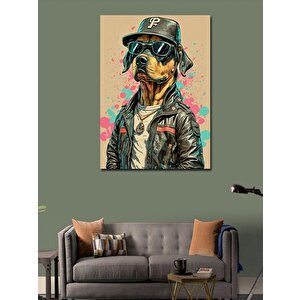 Kanvas Tablo Şapkalı Deri Ceketli Köpek 50x70 cm