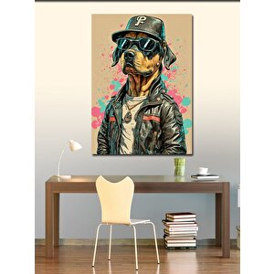 Kanvas Tablo Şapkalı Deri Ceketli Köpek 100x140 cm