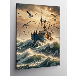 Kanvas Tablo Martılar Ve Fırtınalı Denizde Tekne 50x70 cm
