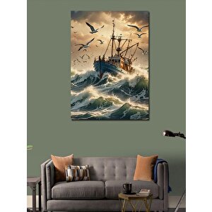 Kanvas Tablo Martılar Ve Fırtınalı Denizde Tekne 100x140 cm