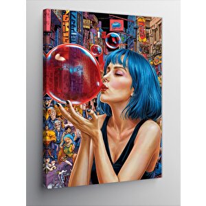 Kanvas Tablo Kırmızı Sakız Patlatan Mavi Saçlı Kadın 70x100 cm