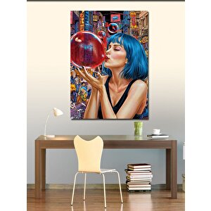 Kanvas Tablo Kırmızı Sakız Patlatan Mavi Saçlı Kadın 70x100 cm