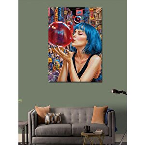 Kanvas Tablo Kırmızı Sakız Patlatan Mavi Saçlı Kadın 70x100 cm