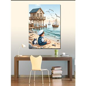 Kanvas Tablo Denizci Çocuk Ve Kumsal 100x140 cm