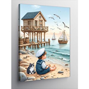 Kanvas Tablo Denizci Çocuk Ve Kumsal 50x70 cm