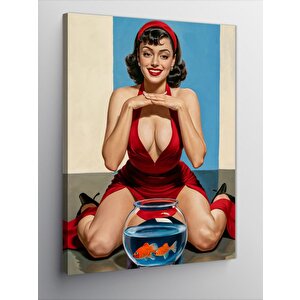 Kanvas Tablo Kırmızı Elbiseli Pin Up Kadın Ve Balık 70x100 cm