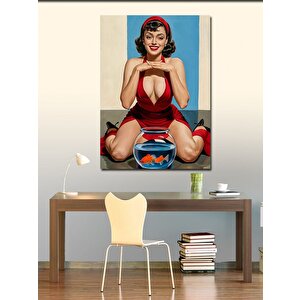 Kanvas Tablo Kırmızı Elbiseli Pin Up Kadın Ve Balık 70x100 cm