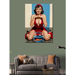 Kanvas Tablo Kırmızı Elbiseli Pin Up Kadın Ve Balık 70x100 cm