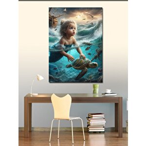 Kanvas Tablo Küçük Kız Ve Caretta Caretta 70x100 cm