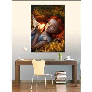 Kanvas Tablo Kızıl Saçlı Kız Ve Beyaz Güvercin 50x70 cm