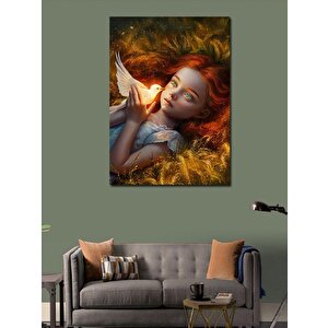 Kanvas Tablo Kızıl Saçlı Kız Ve Beyaz Güvercin 50x70 cm