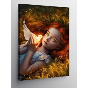 Kanvas Tablo Kızıl Saçlı Kız Ve Beyaz Güvercin 70x100 cm