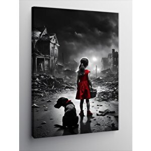 Kanvas Tablo Yıkılmış Binalar Ve Kırmızı Elbiseli Çocuk 70x100 cm