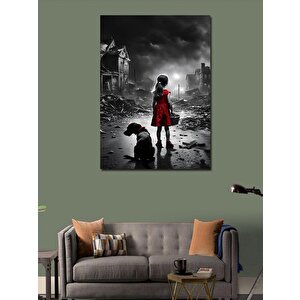 Kanvas Tablo Yıkılmış Binalar Ve Kırmızı Elbiseli Çocuk 100x140 cm
