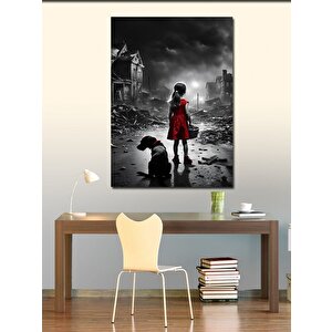 Kanvas Tablo Yıkılmış Binalar Ve Kırmızı Elbiseli Çocuk 50x70 cm