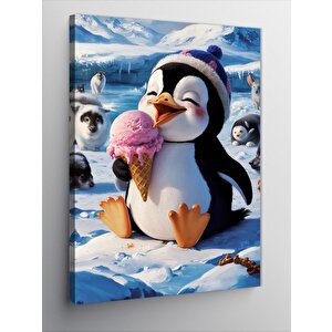 Kanvas Tablo Dondurma Yıyen Şapkalı Penguen