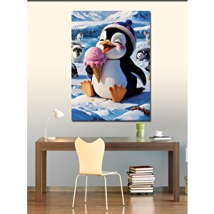 Kanvas Tablo Dondurma Yıyen Şapkalı Penguen 70x100 cm