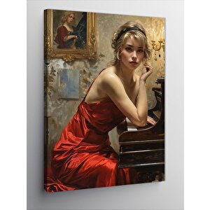 Kanvas Tablo Kırmızı Elbiseli Piyano Çalan Kadın 70x100 cm
