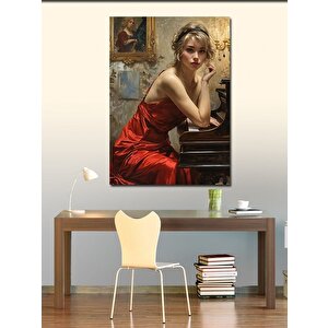 Kanvas Tablo Kırmızı Elbiseli Piyano Çalan Kadın 70x100 cm