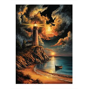 Deniz Feneri Ve Kumsal Hediyelik Ahşap Tablo 25cmx 35cm 25x35 cm
