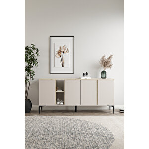 Home Tarz Konsol 4 Kapaklı, Raflı , 180 Cm , Yemek Odası , Ofis, Salon (dolunay-traverten)