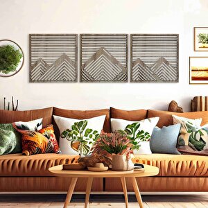 Ahşap Duvar Tablosu, 3 Parça Ahşap Modern Duvar Dekoru, Yatay Dağ Geometrik Desen Duvar Paneli, Mostar 58,5x58,5 cm