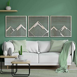Ahşap Duvar Tablosu, 3 Parça Ahşap Modern Duvar Dekoru, Yatay Dağ Geometrik Desen Duvar Paneli, Akçaağaç 58,5x58,5 cm