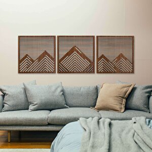 Ahşap Duvar Tablosu, 3 Parça Ahşap Modern Duvar Dekoru, Yatay Dağ Geometrik Desen Duvar Paneli, Ceviz 40,5x40,5 cm