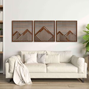 Ahşap Duvar Tablosu, 3 Parça Ahşap Modern Duvar Dekoru, Yatay Dağ Geometrik Desen Duvar Paneli, Ceviz 40,5x40,5 cm