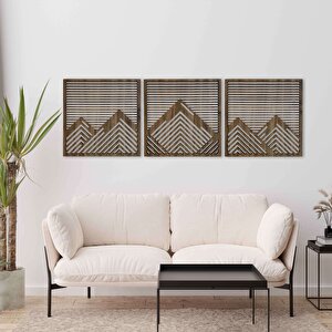 Ahşap Duvar Tablosu, 3 Parça Ahşap Modern Duvar Dekoru, Yatay Dağ Geometrik Desen Duvar Paneli, Akasya 40,5x40,5 cm