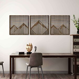 Ahşap Duvar Tablosu, 3 Parça Ahşap Modern Duvar Dekoru, Yatay Dağ Geometrik Desen Duvar Paneli, Akasya 40,5x40,5 cm