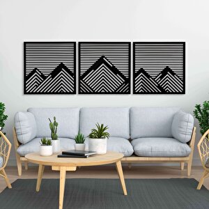 Ahşap Duvar Tablosu, 3 Parça Ahşap Modern Duvar Dekoru, Yatay Dağ Geometrik Desen Duvar Paneli, Siyah 71x71 cm