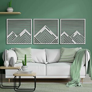 Ahşap Duvar Tablosu, 3 Parça Ahşap Modern Duvar Dekoru, Yatay Dağ Geometrik Desen Duvar Paneli, Beyaz 40,5x40,5 cm