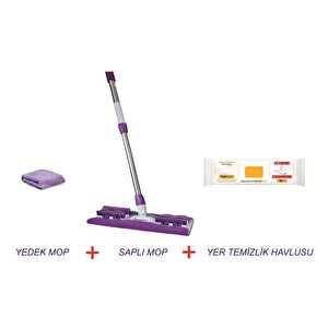Tak Kullan Mandallı Mop Teleskopik Saplı + Yedek Mop + Yer Temizlik Havlusu