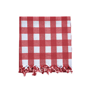 150x150 Cm Kareli Yer Sofra Bezi Piknik Masa Örtüsü Saçaklı Kırmızı