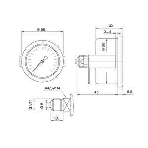 Pakkens 0-16 Bar 50 Mm Panotipi Arkadan Bağlantılı Kuru Manometre G 1/8 Inç