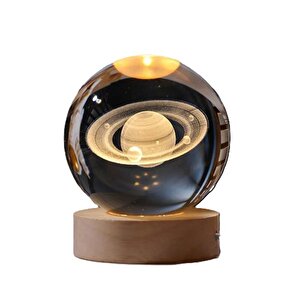 Dekoratif Satürn Tasarımlı Ahşap Altlıklı Işıklı Cam Küre Cam:6cm Ahşap:2cm
