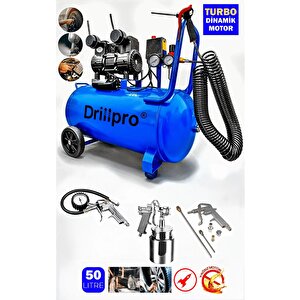50 Lt Pro Sessiz Hava Kompresörü 5 Parça Havalı Profesyonel Set Hediyeli