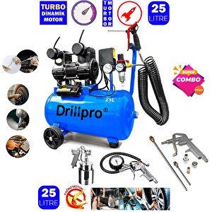 25 Lt Pro Sessiz Hava Kompresörü 5 Parça Havalı Profesyonel Set Hediyeli