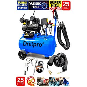 25 Lt Pro Sessiz Hava Kompresörü 5 Parça Havalı Profesyonel Set Hediyeli