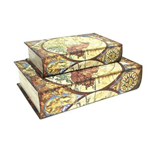 Kutu Kitap Harita 2'li Set Kitap Kutusu Dekoratif Hediyelik