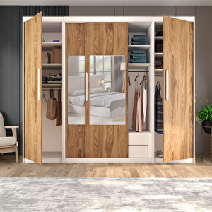 Sürgülü Gardırop İki Taraflı Boydan Kapaklı Orta Sürgülü Dolap 60+140+60 Cm /210 cm (parlak Beyaz + UD)