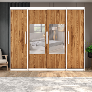 Sürgülü Gardırop İki Taraflı Boydan Kapaklı Orta Sürgülü Dolap 60+140+60 Cm /210 cm (parlak Beyaz + UD)