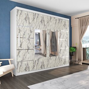 Sürgülü Gardırop Dört Kapaklı Aynalı 400/230cm (parlak Beyaz + Frezya)