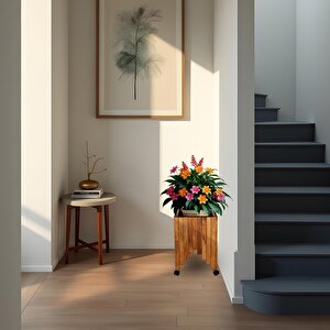 Dekoratif Ahşap Saksılık Çiçeklik Ahşap Saksı Altlığı 38x38x50 Cm Tekerlekli Saksı Sehpası