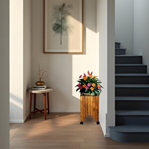 Dekoratif Ahşap Saksılık Çiçeklik Ahşap Saksı Altlığı 30x30x45 Cm Tekerlekli Saksı Sehpası