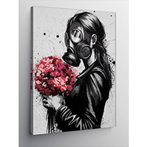 Kanvas Tablo Gaz Maskeli Kadın Ve Çiçekler 100x140 cm
