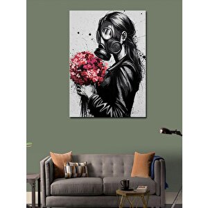 Kanvas Tablo Gaz Maskeli Kadın Ve Çiçekler 100x140 cm